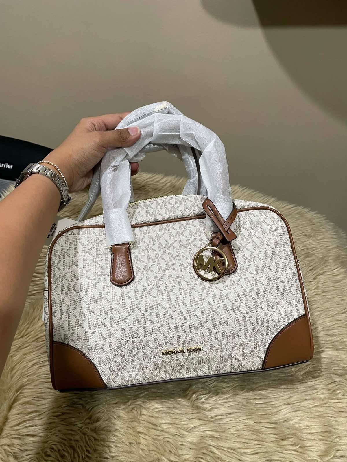 ORIG & IMPORTED Michael Kors MK Thompson Medium Signature Logo Satchel Duffle Brown/White Bag