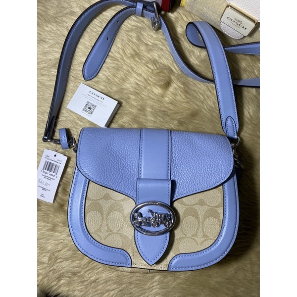 SALE! ❤️ AUTHENTIC COACH Georgie Saddle Bag In Signature Canvas Silver/Light Khaki/Marble Blue