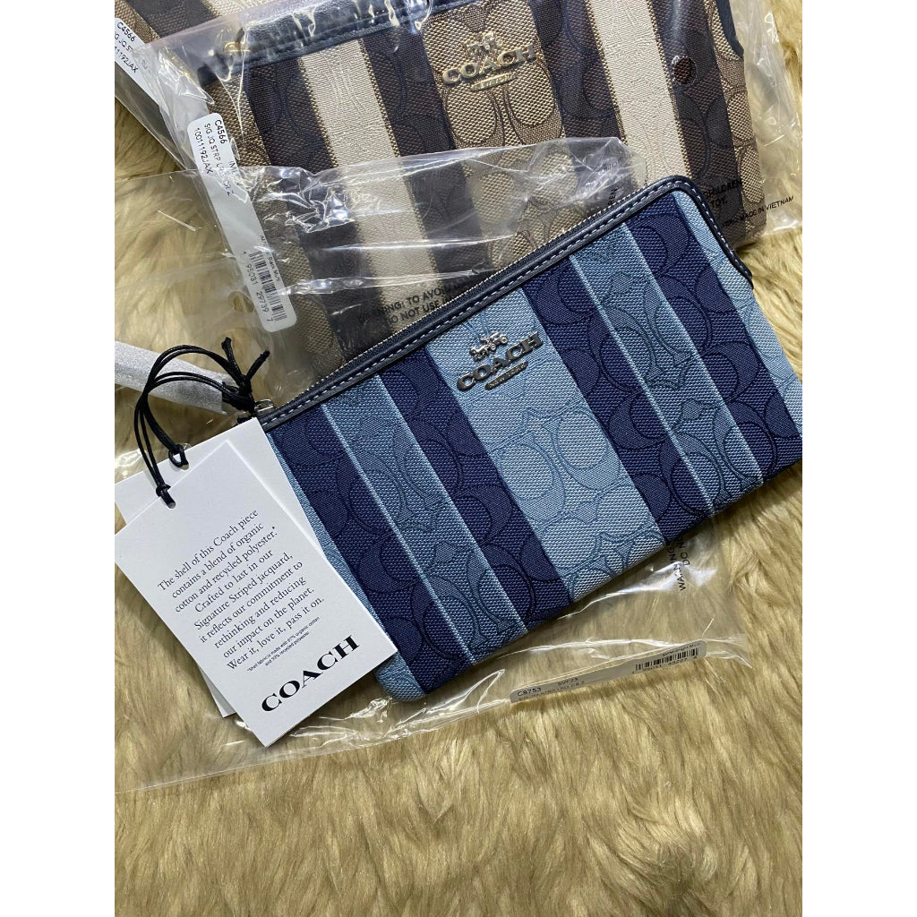 AUTHENTIC/ORIGINAL COACH Large Corner Zip Wristlet Wallet In Signature Jacquard Brown & Blue