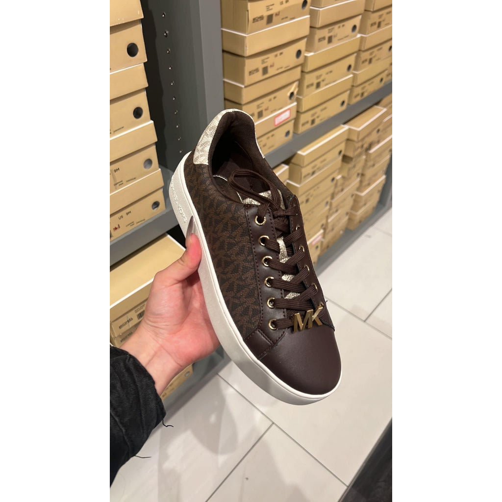 AUTHENTIC/ORIGINAL Michael K0rs MK Poppy Color-Block Logo Vanilla Brown Sneaker Shoes