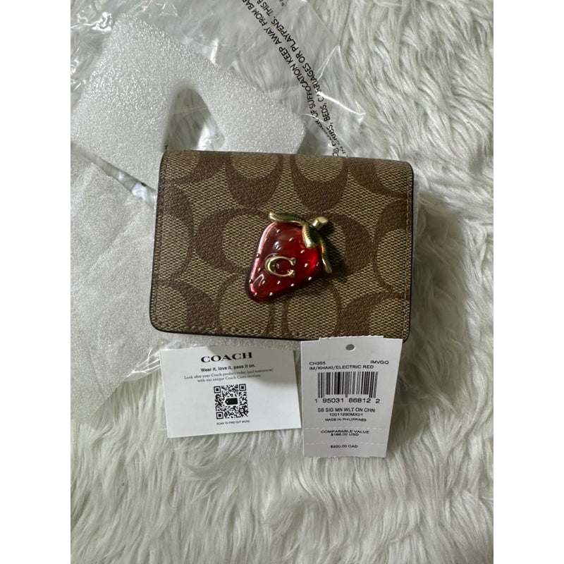 AUTHENTIC/ORIGINAL COACH Mini Wallet On A Chain In Signature Canvas With Strawberry Red Bag