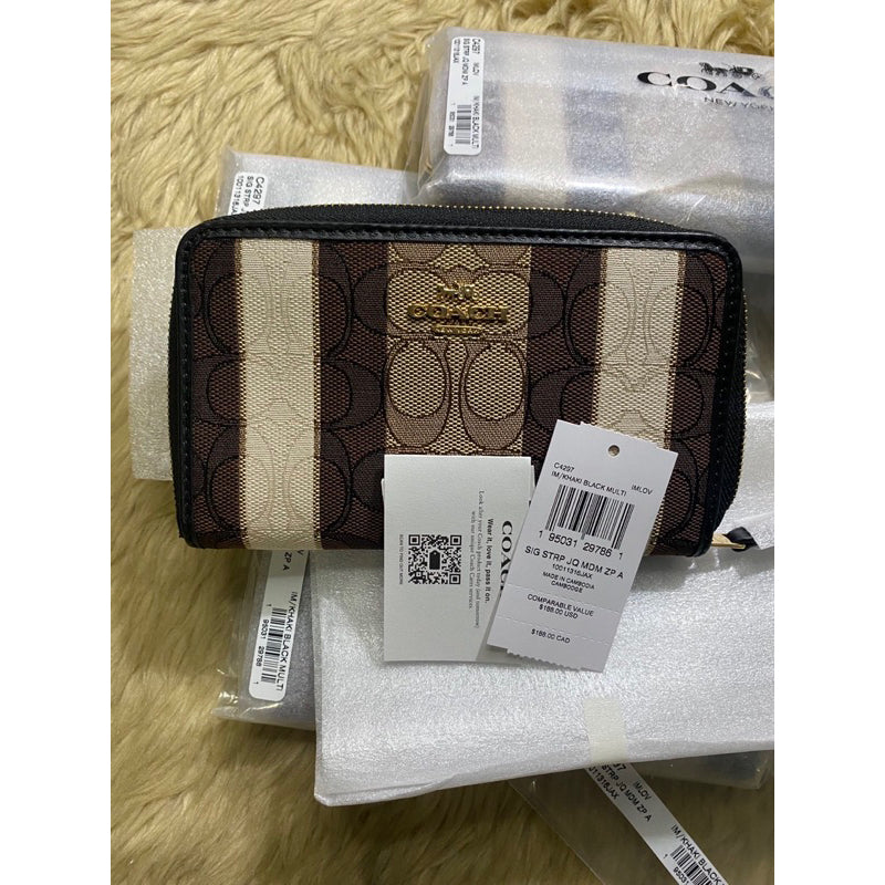 AUTHENTIC/ORIGINAL COACH Medium Id Zip Wallet In Signature Jacquard With Stripes Brown