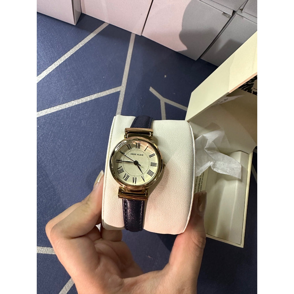AUTHENTIC/ORIGINAL Anne Klein Women's AK/2246CRNV Gold-Tone and Navy Blue Leather Strap Watch