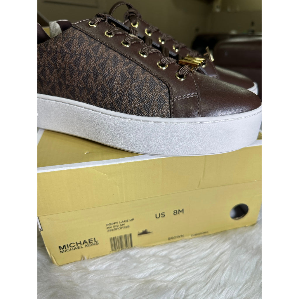 AUTHENTIC/ORIGINAL Michael K0rs MK Poppy Color-Block Logo Vanilla Brown Sneaker Shoes