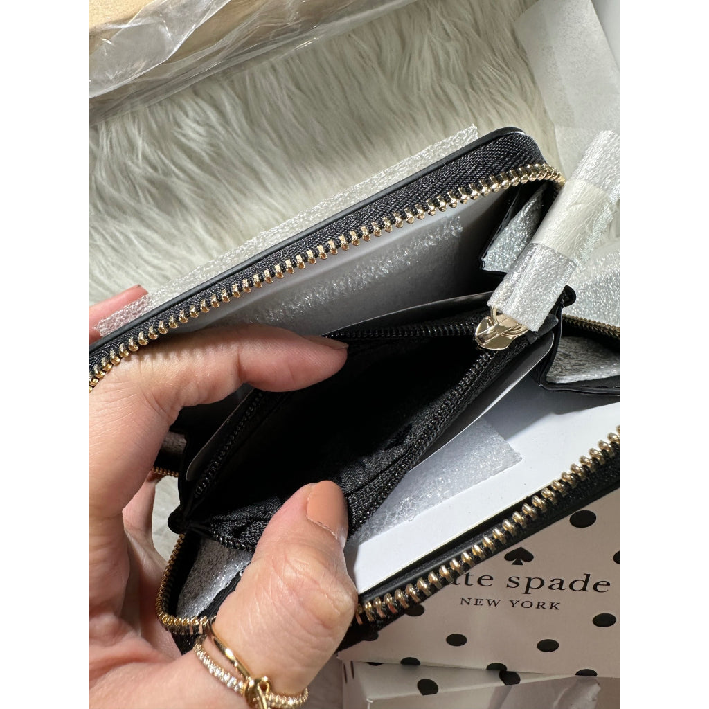 AUTHENTIC/ORIGINAL KateSpade KS Cheers Boxed Small Zip Around Card Case Wallet Black Polka
