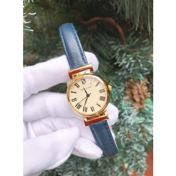 AUTHENTIC/ORIGINAL Anne Klein Women's AK/2246CRNV Gold-Tone and Navy Blue Leather Strap Watch