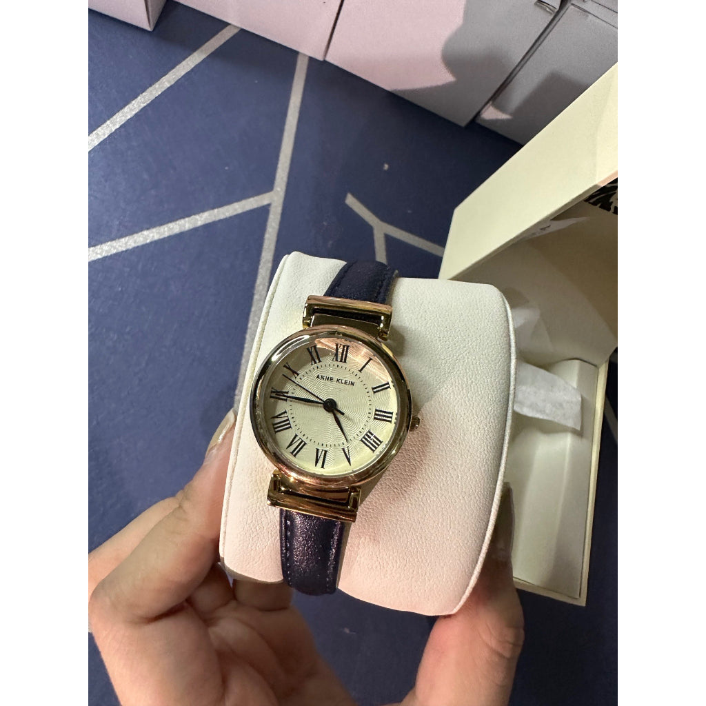 AUTHENTIC/ORIGINAL Anne Klein Women's AK/2246CRNV Gold-Tone and Navy Blue Leather Strap Watch