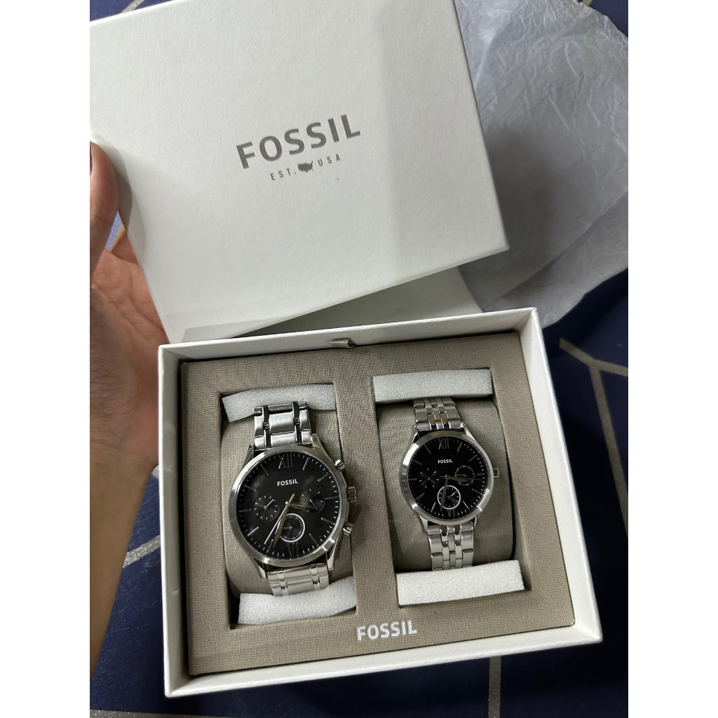 AUTHENTIC/ORIGINAL Fossil His and Her Fenmore Multifunction Stainless Steel Couple Watch Gift Set