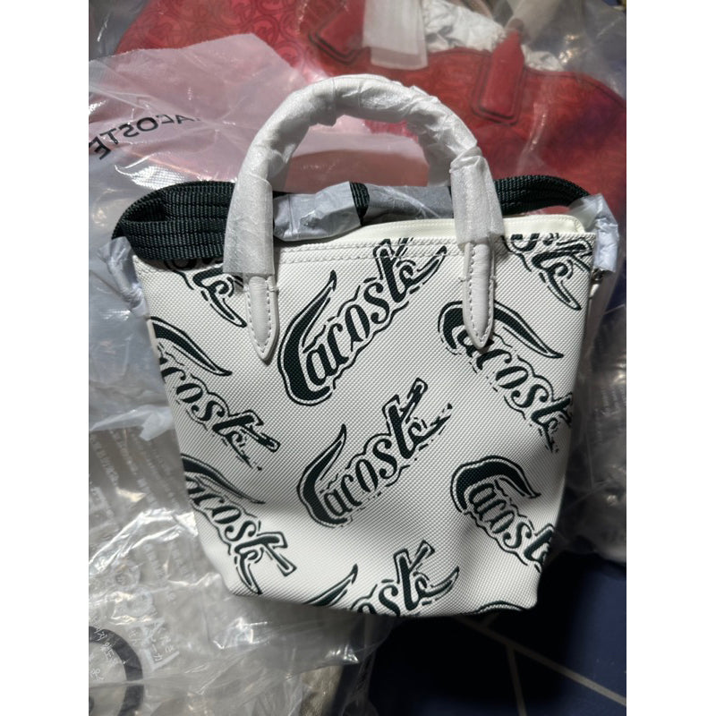 AUTHENTIC/ORIGINAL Lacoste Women’s Logo Print Mini XS Tote Bag Black and White