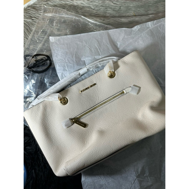 AUTHENTIC/ORIGINAL Michael K0rs MK Jet Set Leather Medium Chain Tote Bag Light Cream White