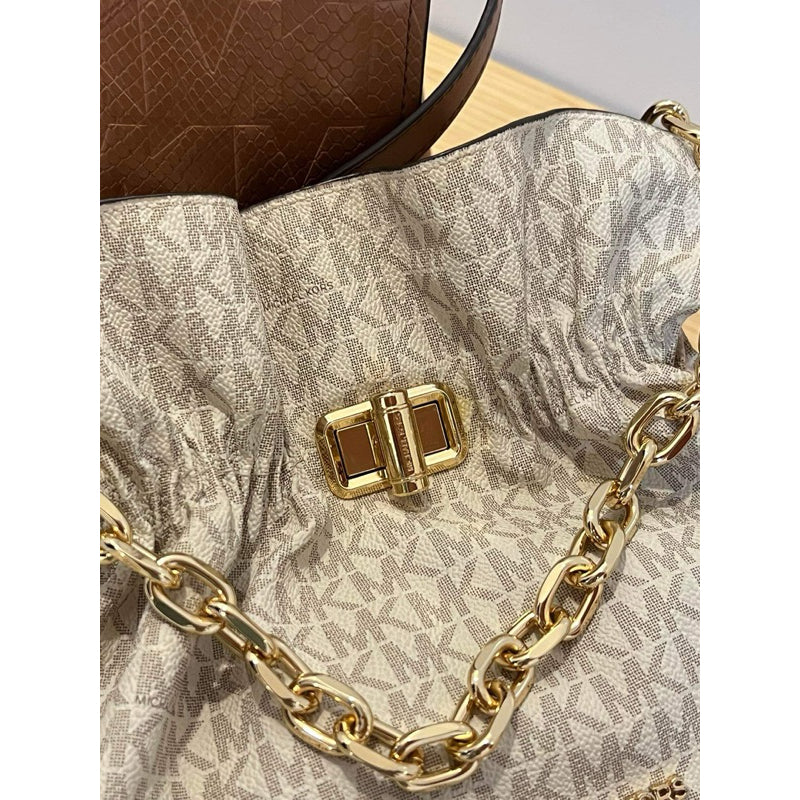 AUTHENTIC/ORIGINAL Michael K0rs MK Preloved Signature Large Ruched Clutch Crossbody Bag White