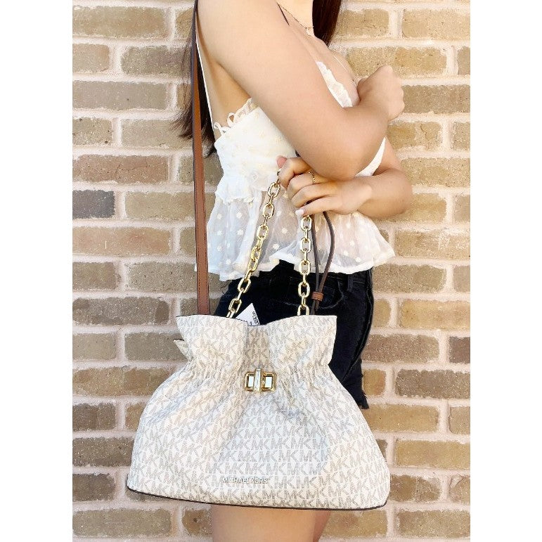 AUTHENTIC/ORIGINAL Michael K0rs MK Preloved Signature Large Ruched Clutch Crossbody Bag White