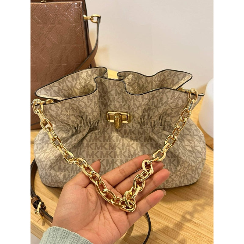 AUTHENTIC/ORIGINAL Michael K0rs MK Preloved Signature Large Ruched Clutch Crossbody Bag White