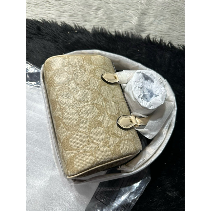 AUTHENTIC/ORIGINAL Coach Mini Rowan Satchel Bag In Blocked Signature Canvas Light Khaki