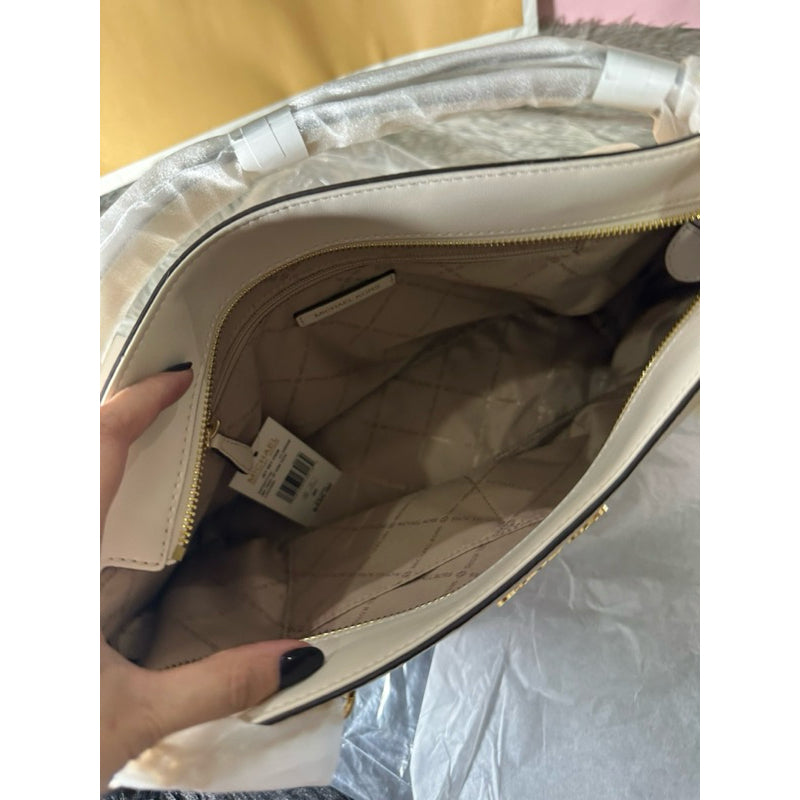 AUTHENTIC/ORIGINAL Michael K0rs MK Jet Set Leather Medium Chain Tote Bag Light Cream White