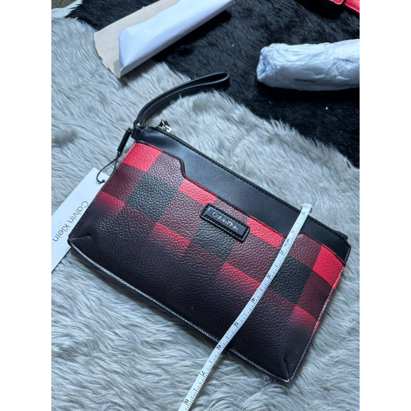 AUTHENTIC/ORIGINAL C@lvin Klein CK Buffalo Plaid Red Black Wristlet Wallet