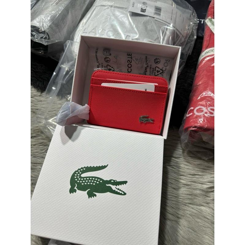 AUTHENTIC/ORIGINAL Lacoste Women's Piqué-Effect Canvas Zipped Coin Purse Wallet Red