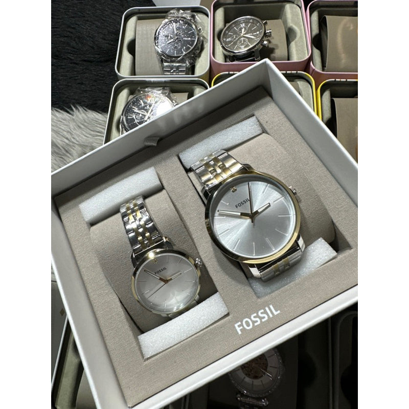 AUTHENTIC/ORIGINAL Fossil Lux Luther Three-Hand Two-Tone Stainless Steel Couple Watch Gift Set