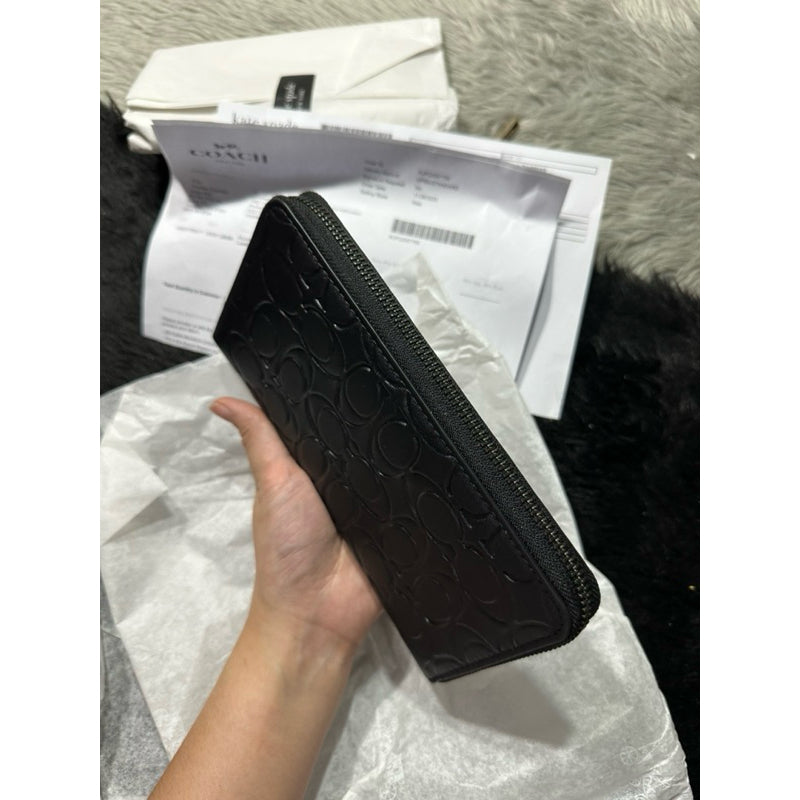 AUTHENTIC/ORIGINAL COACH Accordion In Signature Leather Long Men's Wallet Black Embossed