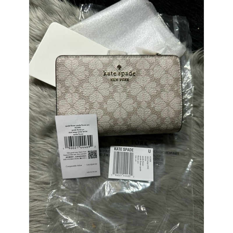 AUTHENTIC/ORIGINAL KateSpade KS Signature Spade Flower Medium Compact Bifold Wallet Beige