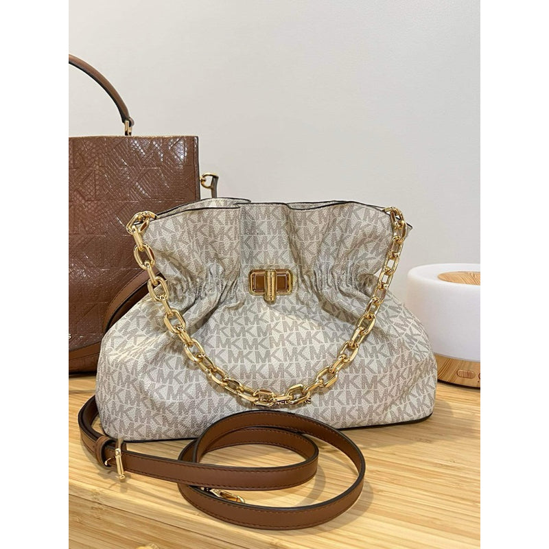 AUTHENTIC/ORIGINAL Michael K0rs MK Preloved Signature Large Ruched Clutch Crossbody Bag White
