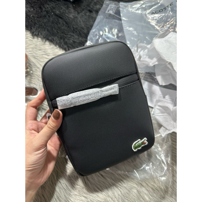 AUTHENTIC/ORIGINAL LACOSTE Men's Coated Canvas Small Flat BLACK Crossbody Men's Bag