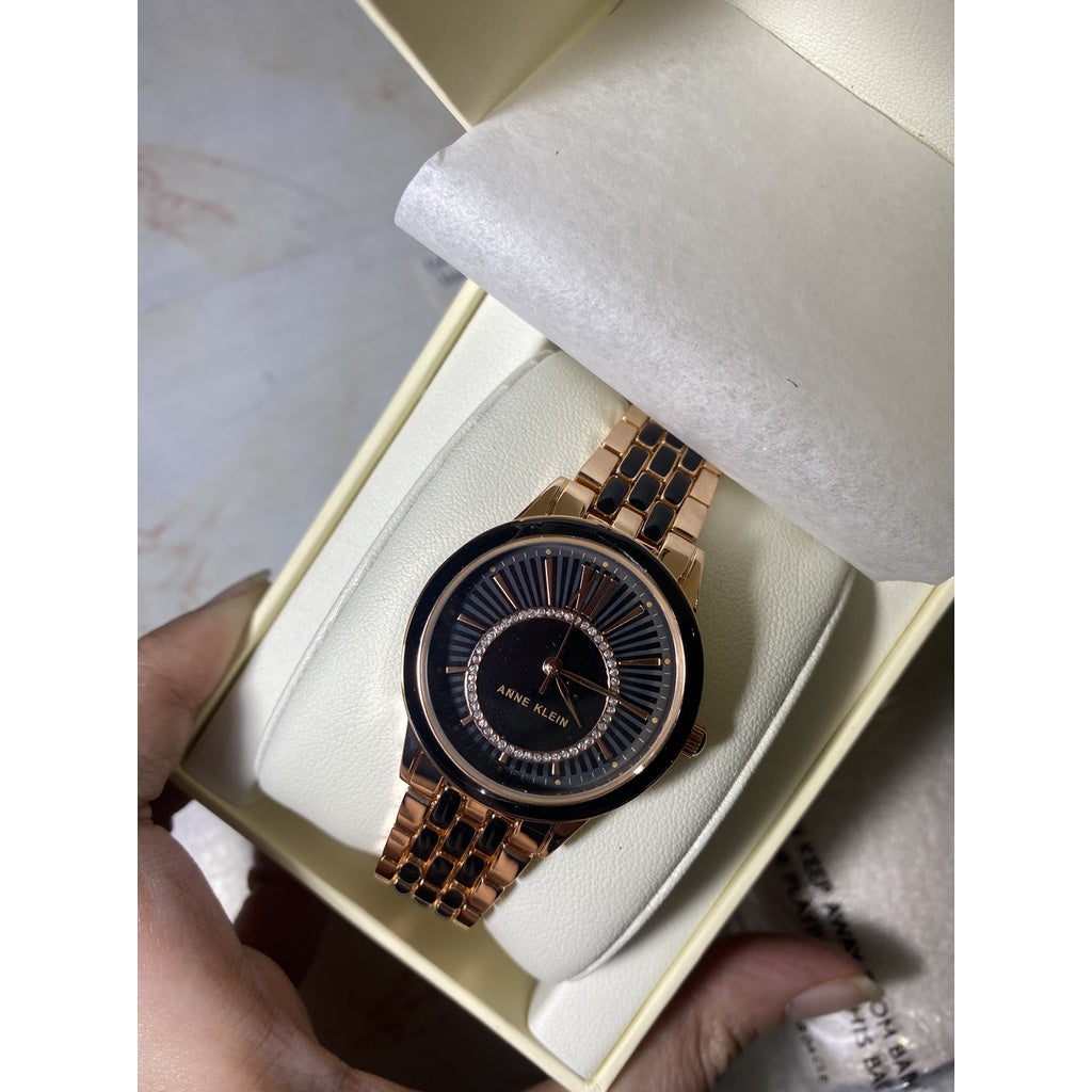 AUTHENTIC Anne Klein Women's Glitter Accented Dial Bracelet Watch, AK/3924BKRG - Rose Gold/Black