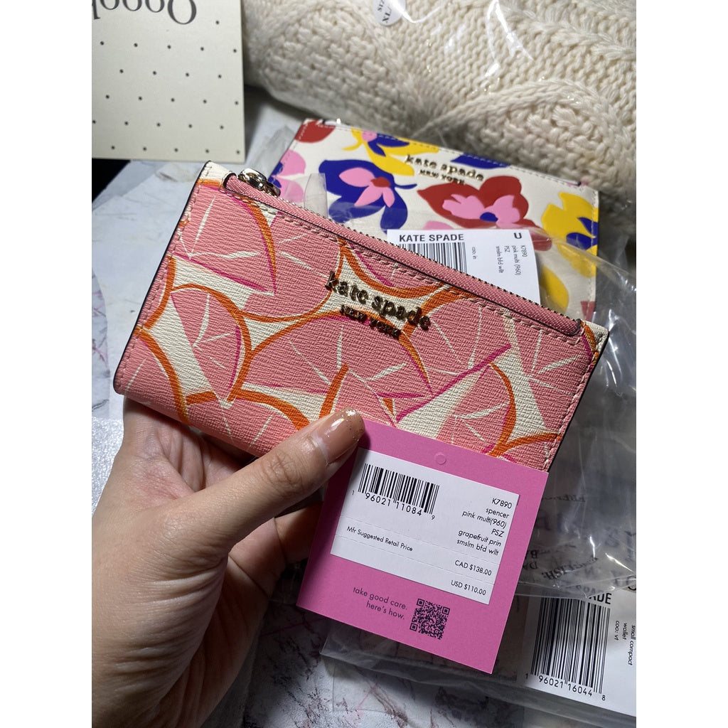 AUTHENTIC/ORIGINAL KateSpade KS Spencer Grapefruit Small Slim Bifold Wallet in Pink