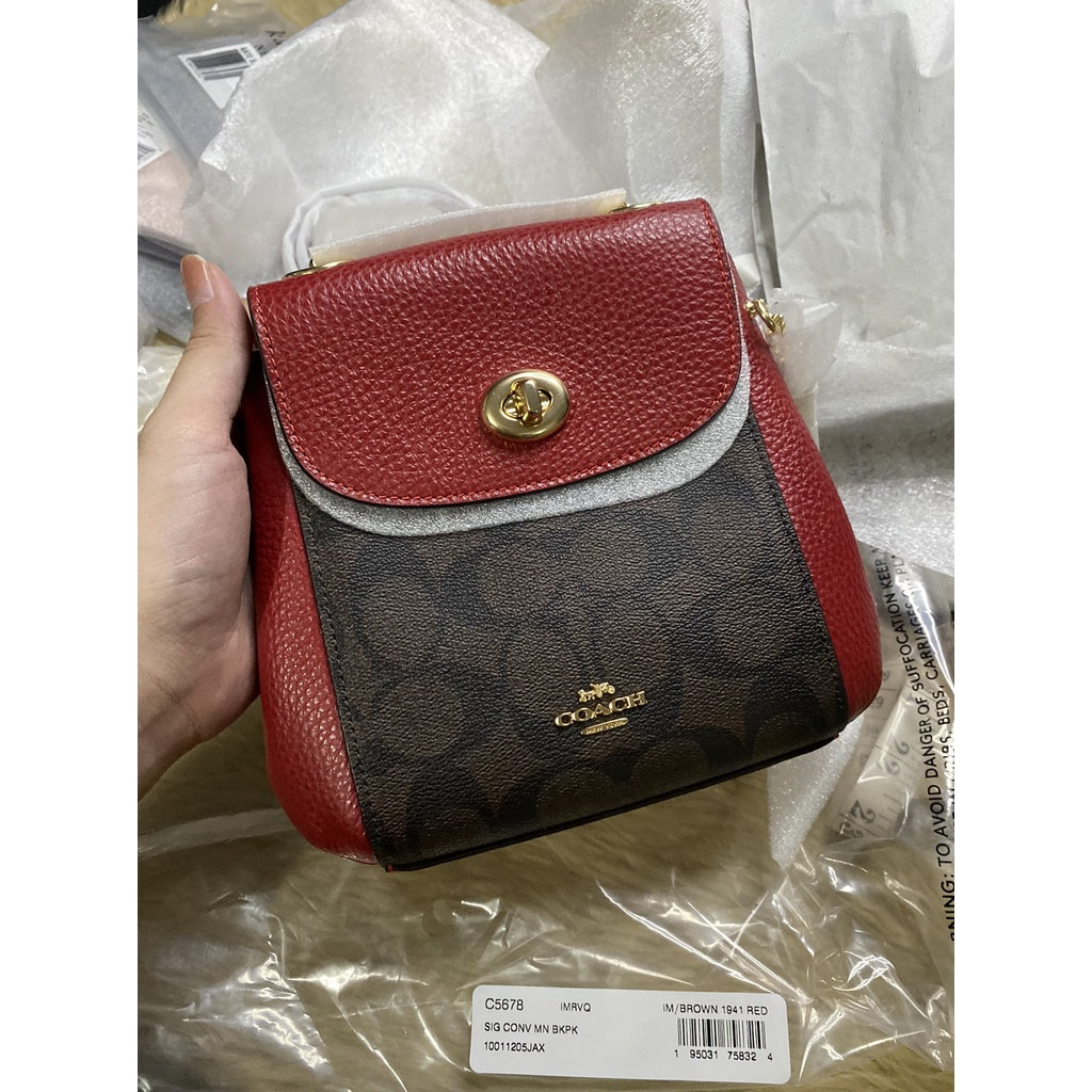 AUTHENTIC/ORIGINAL COACH Convertible Mini Backpack In Signature Canvas Brown 1941 Red