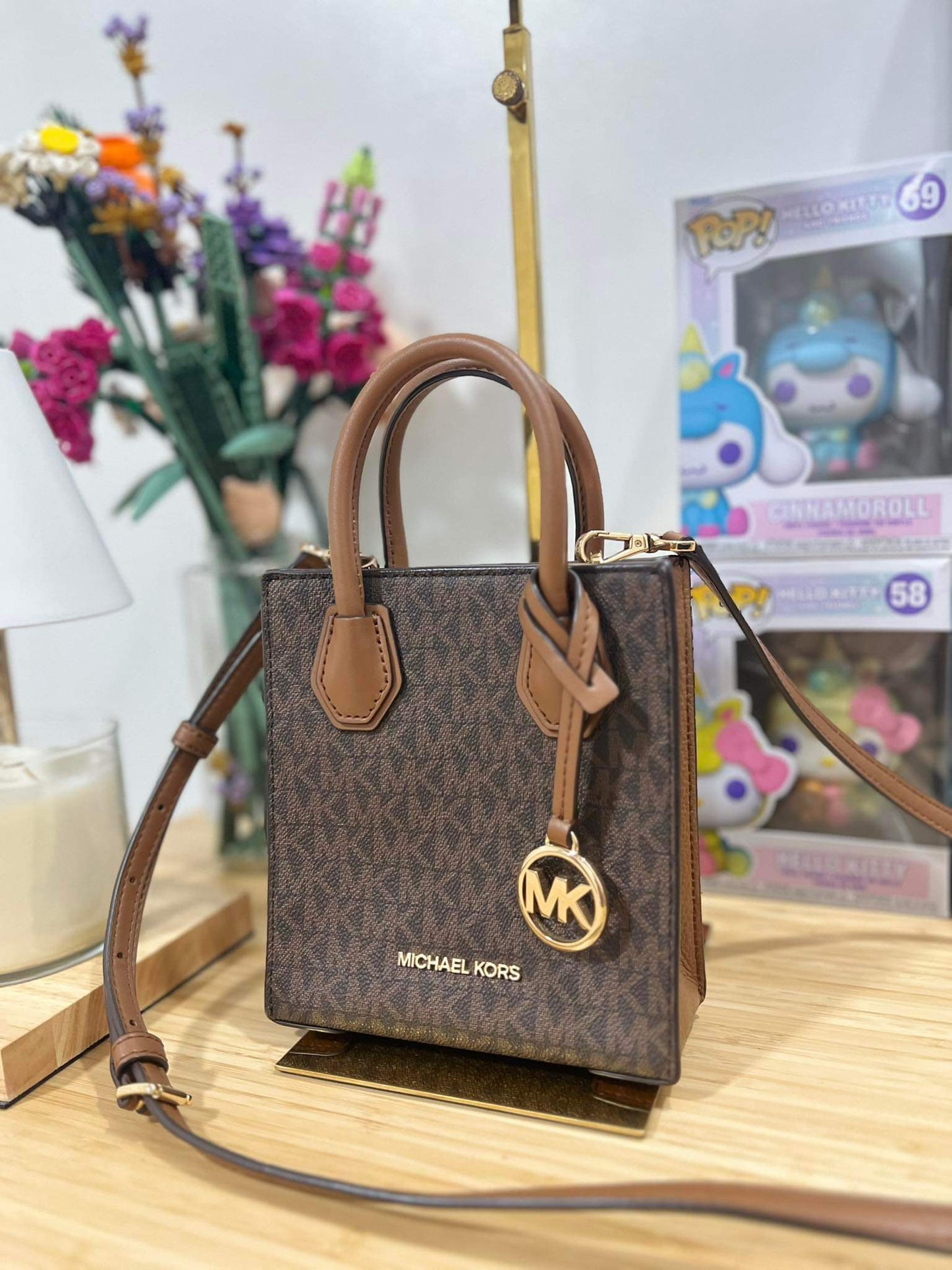 AUTHENTIC/ORIGINAL Preloved Michael Kors MK Mercer Extra-Small Logo and Leather Crossbody Bag Brown
