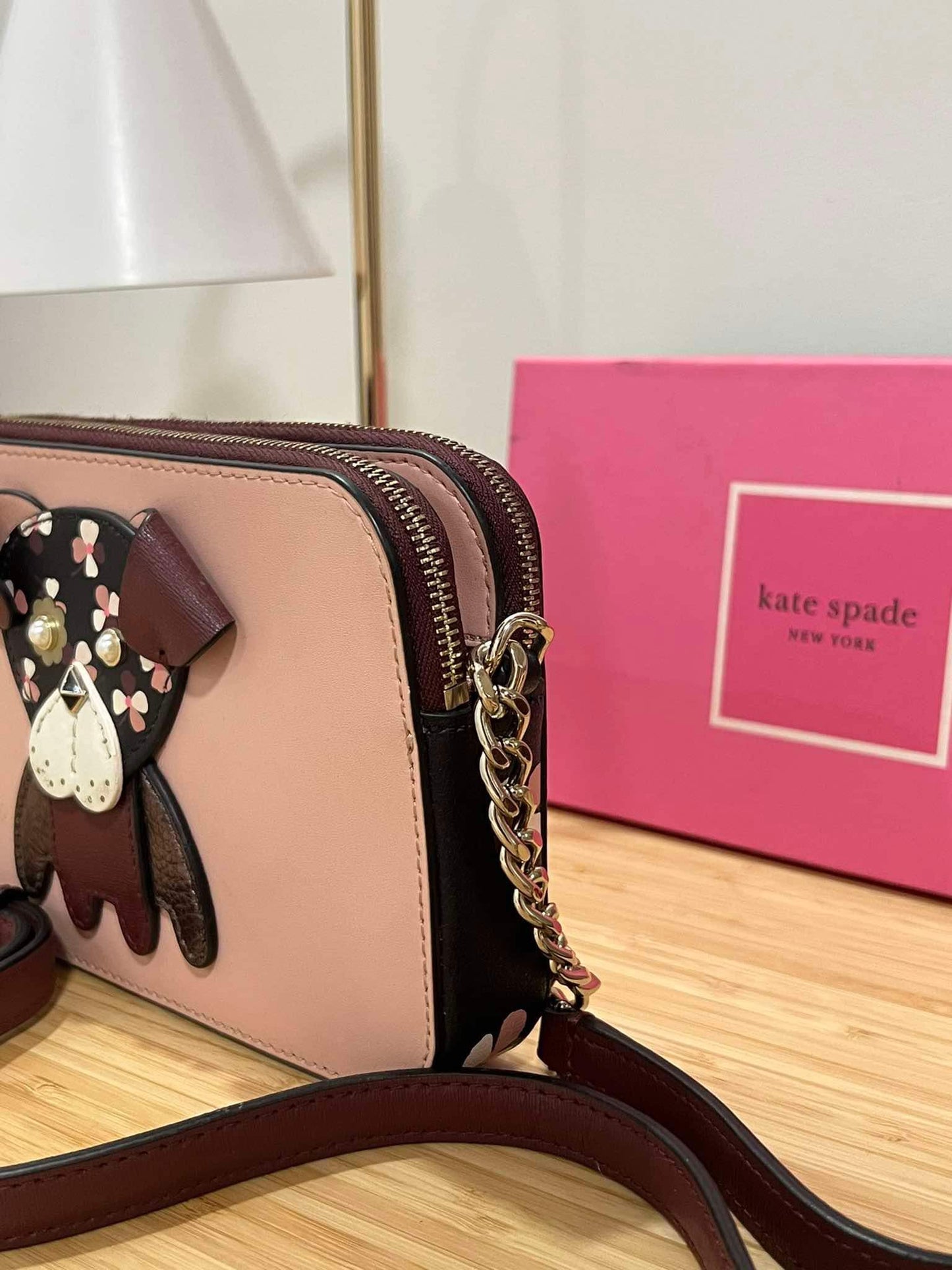 AUTHENTIC/ORIGINAL Preloved KateSpade KS Floral Pup Pug Double Zip Small Crossbody Bag