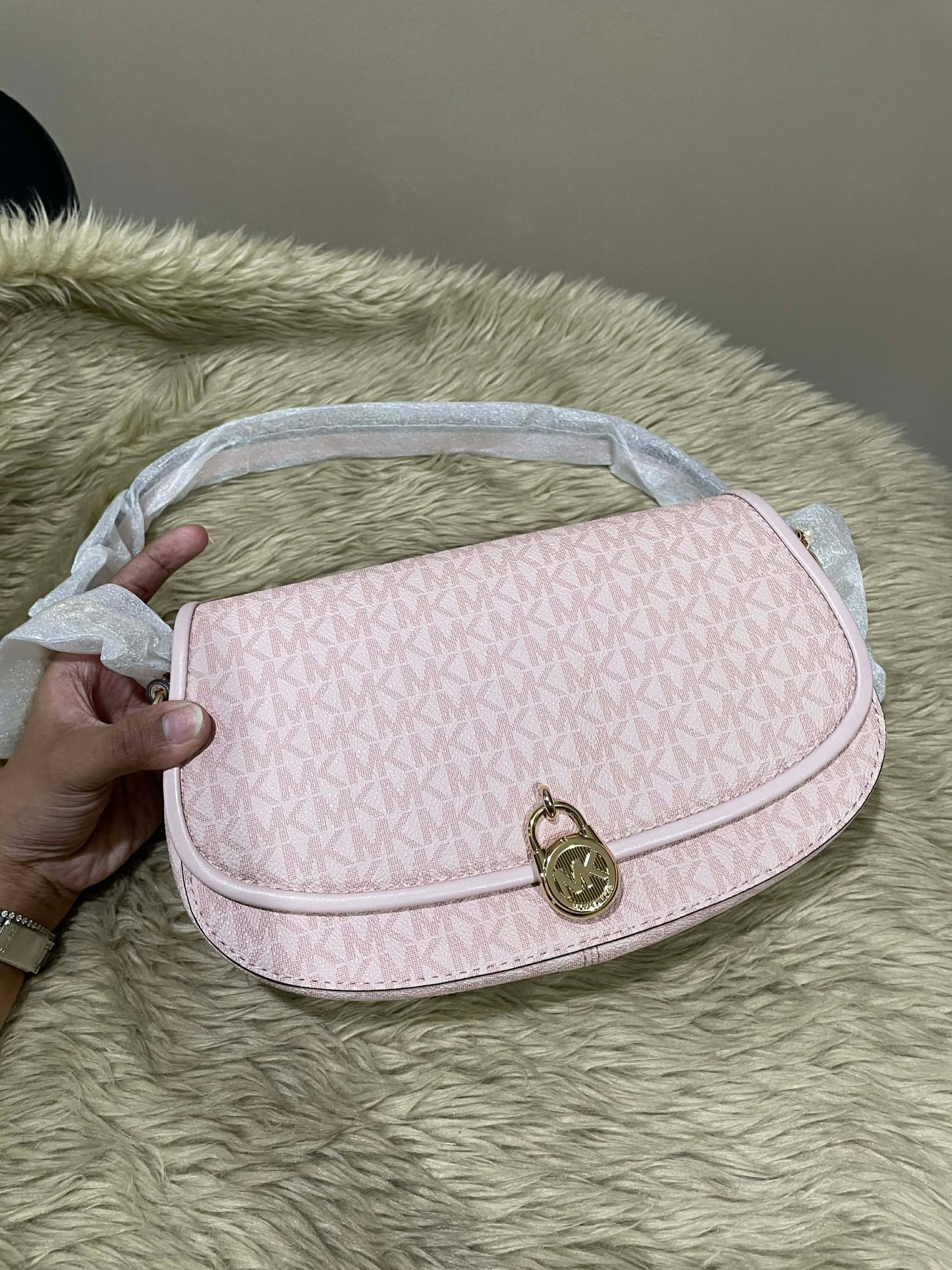 ORIG & IMPORTED MK Mila Medium Signature Logo Messenger Flap Bag Brown/Pink/Vanilla