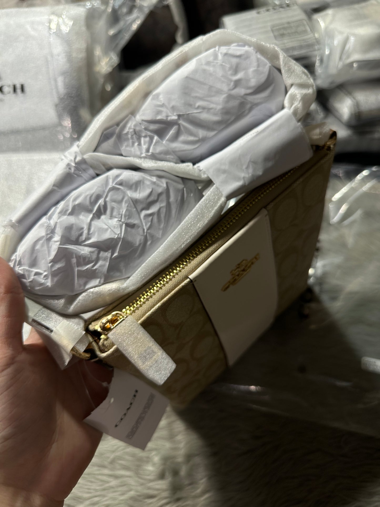 AUTHENTIC/ORIGINAL Coach Mini Rowan File Bag In White Signature Canvas With Stripe