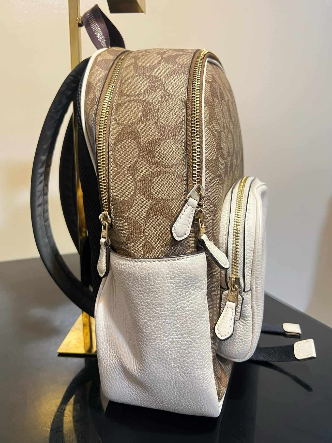 AUTHENTIC/ORIGINAL Preloved Coach Medium Court Backpack In Signature Canvas Khaki White Bag