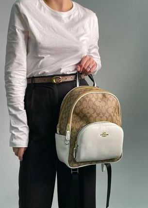 AUTHENTIC/ORIGINAL Preloved Coach Medium Court Backpack In Signature Canvas Khaki White Bag