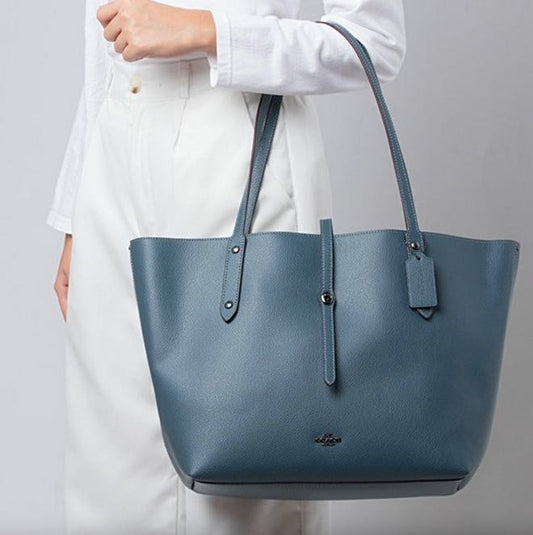 AUTHENTIC/ORIGINAL Coach Retail Market Tote Leather Large Bag Chambray Blue