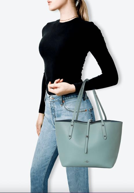 AUTHENTIC/ORIGINAL Coach Retail Market Tote Leather Large Bag Chambray Blue