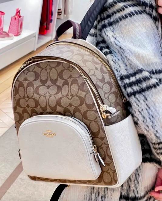 AUTHENTIC/ORIGINAL Preloved Coach Medium Court Backpack In Signature Canvas Khaki White Bag
