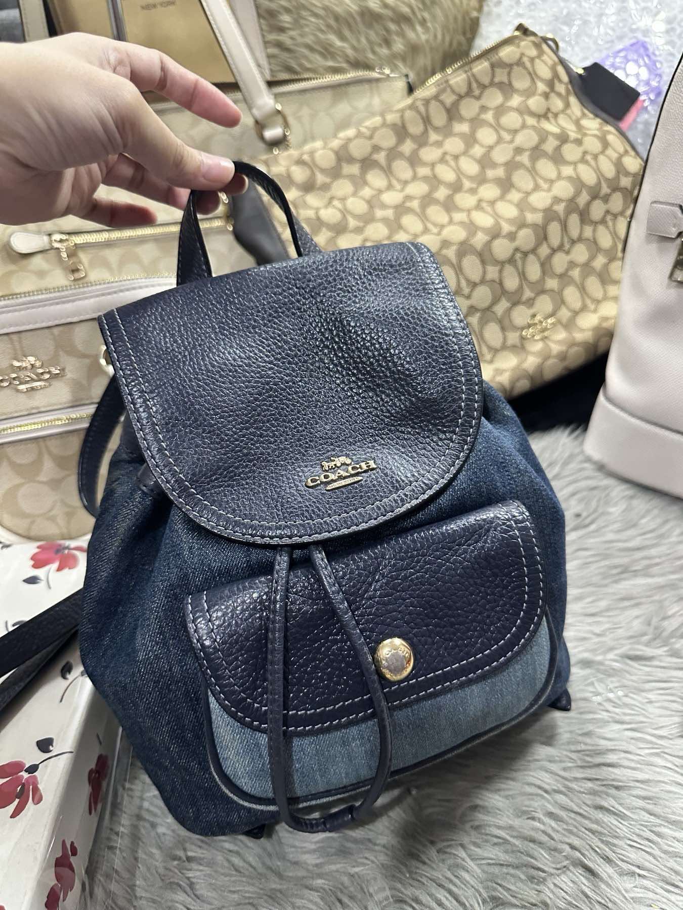 AUTHENTIC/ORIGINAL Preloved Coach Pennie Backpack 22 Denim Navy Blue Small Bag