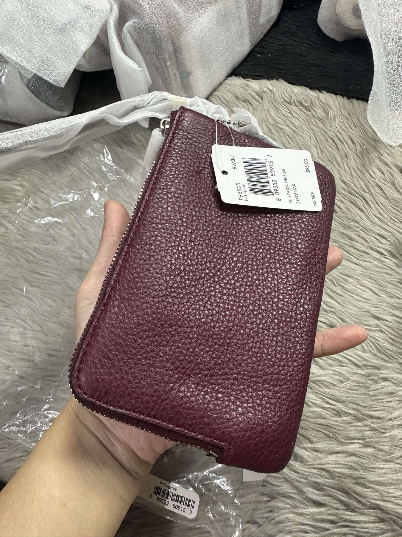 AUTHENTIC/ORIGINAL Coach Pebbled Leather Double Corner Zip Wristlet Wallet Maroon Red