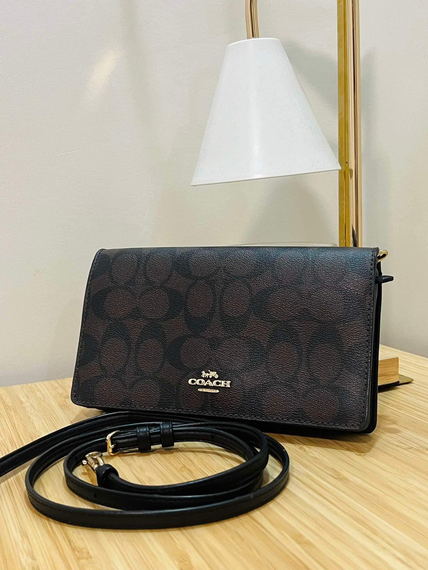 AUTHENTIC/ORIGINAL Preloved Coach Anna Foldover Clutch Crossbody In Signature Canvas Small Bag Brown