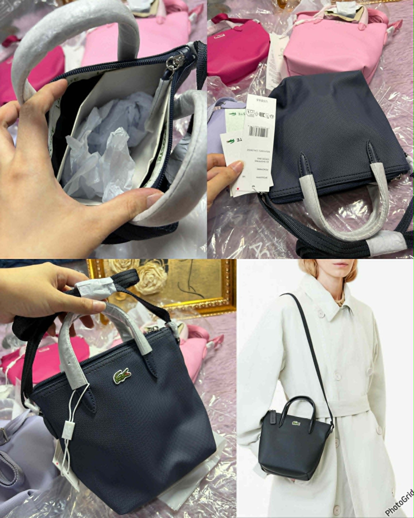 ORIG LCT Women's Concept Petit Piqué Coated Canvas Mini Zip Tote Bag Black / Navy / Taupe