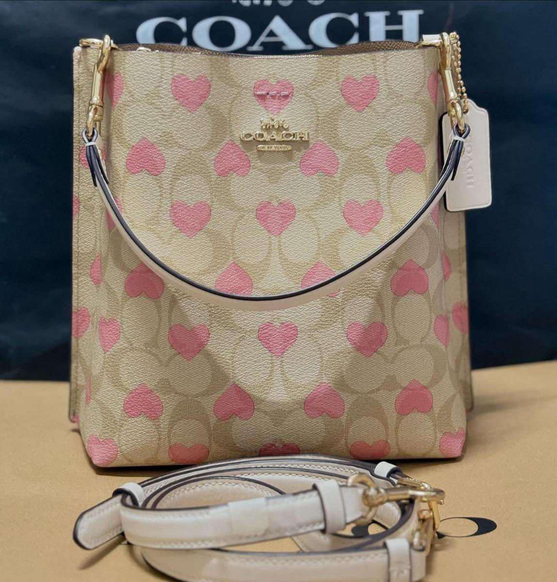 AUTHENTIC/ORIGINAL Preloved Coach Mollie Bucket Bag 22 In Signature Canvas With Heart Print Bag