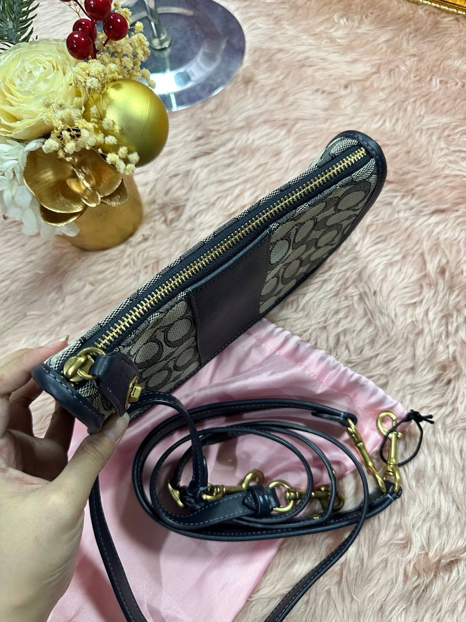 ORIG Preloved COACH Retail Swinger Blue Shoulder Bag In Signature Jacquard