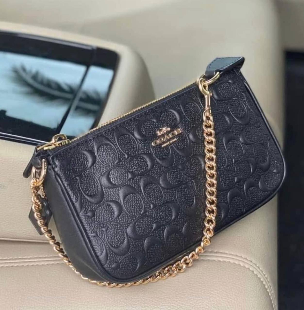 ORIG Preloved COACH Nolita 10 Large Chain Wristlet Signature Leather Black Small Bag