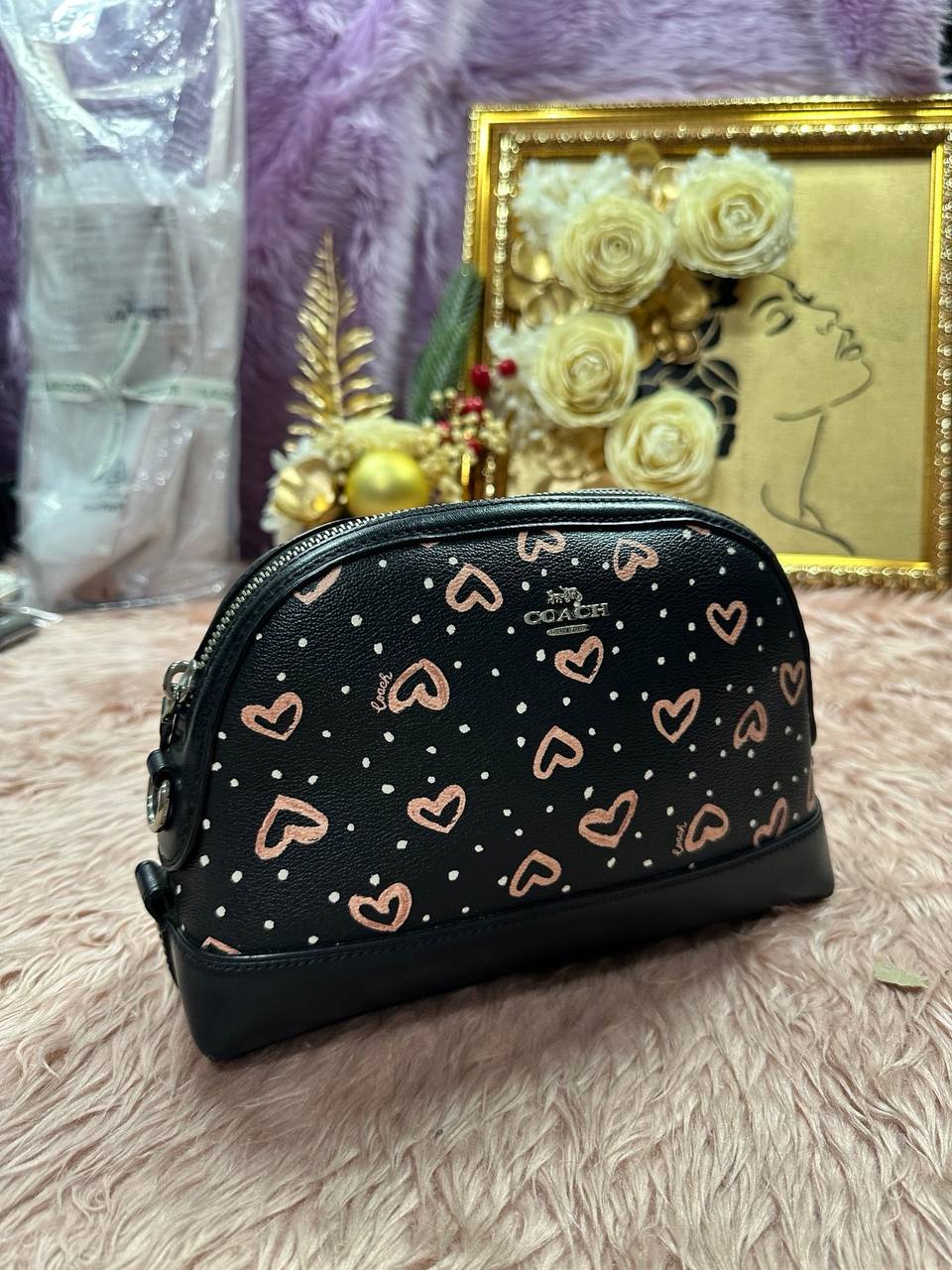 ORIG Preloved COACH Dome Crossbody Small Black Bag With Hearts Print