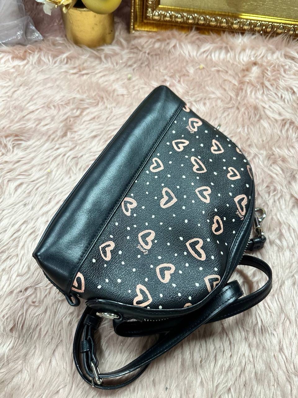 ORIG Preloved COACH Dome Crossbody Small Black Bag With Hearts Print