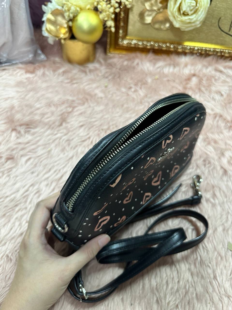 ORIG Preloved COACH Dome Crossbody Small Black Bag With Hearts Print
