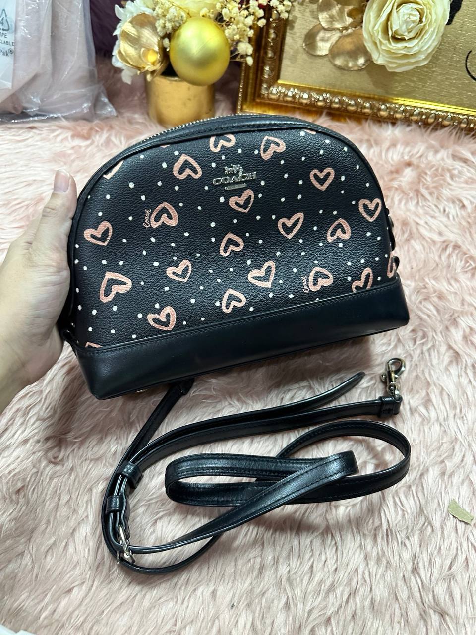 ORIG Preloved COACH Dome Crossbody Small Black Bag With Hearts Print