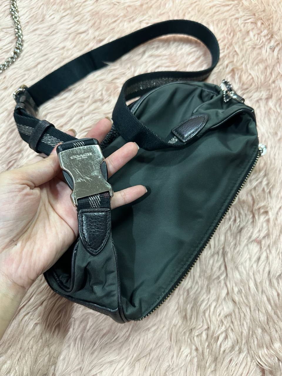 ORIG Preloved COACH Court Belt Black Green Bag Nylon